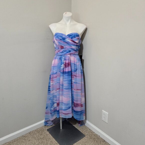 Sz 12 NWT JS Boutique Strapless Blue/Purple Watercolor Chiffon High-Low Gown - Picture 1 of 6